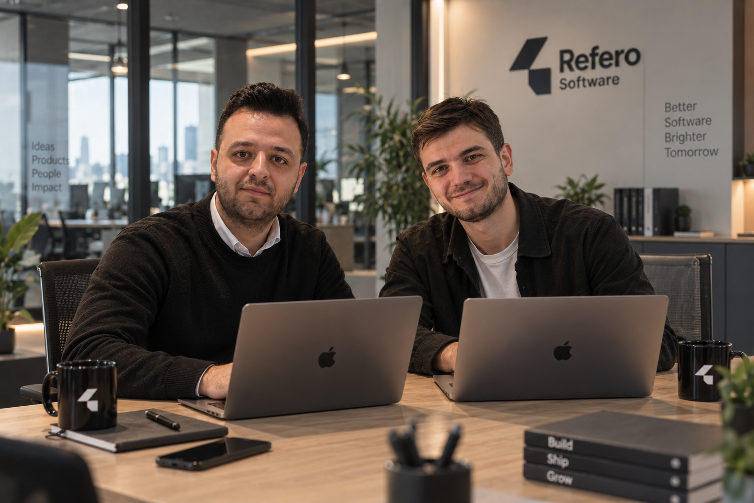 Refero Software kurucuları Birkan Doğan ve Ömer Kaya, ofiste masada birlikte
